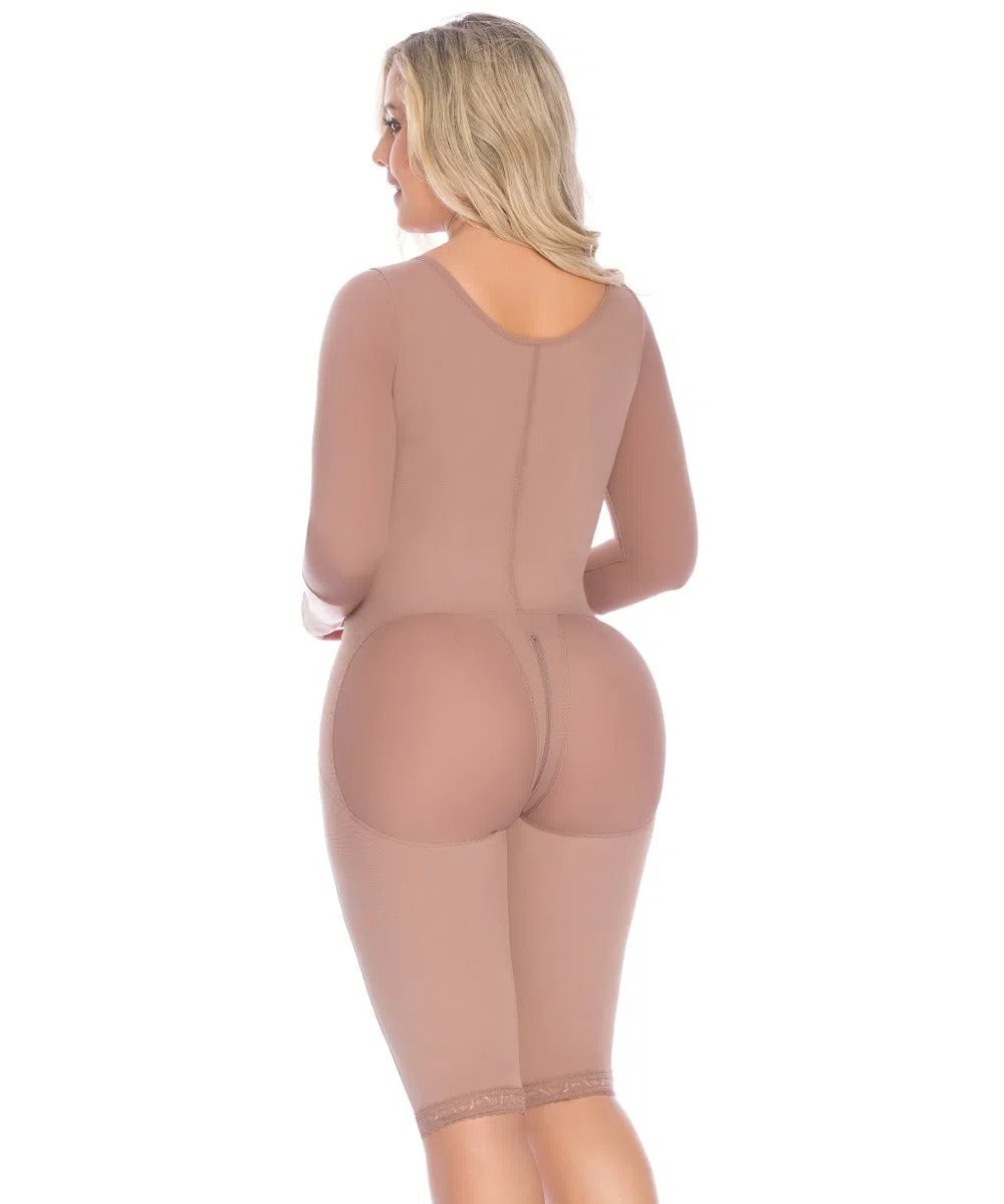 Faja Lipoescultura 360 - Faja Colombiana Body a la rodilla con Brassier y Mangas Post-Quirúrgica doble cierre y drenaje Moldea-T 09364