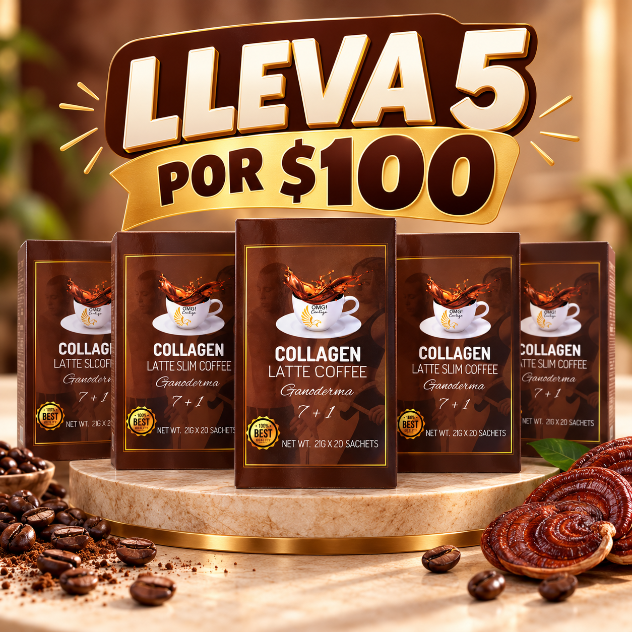 PACK ESPECIAL 5X$100 | Collagen Latte Slim Coffee 7+1 – Ganoderma